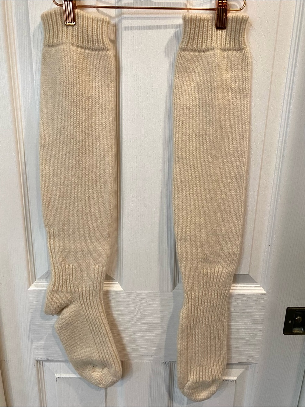 Vintage Hand Knit Wool Knee Socks Ivory Cream Wool Unisex Thick Warm